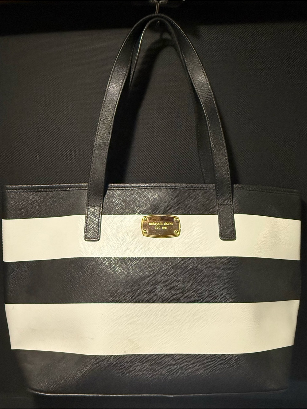 Michael Kors Black and White Striped Saffiano Tote